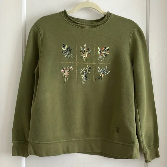 Basic Editions Size Small Vintage Embroidered Floral Sweatshirt in Olive Green - Picture 1 of 11